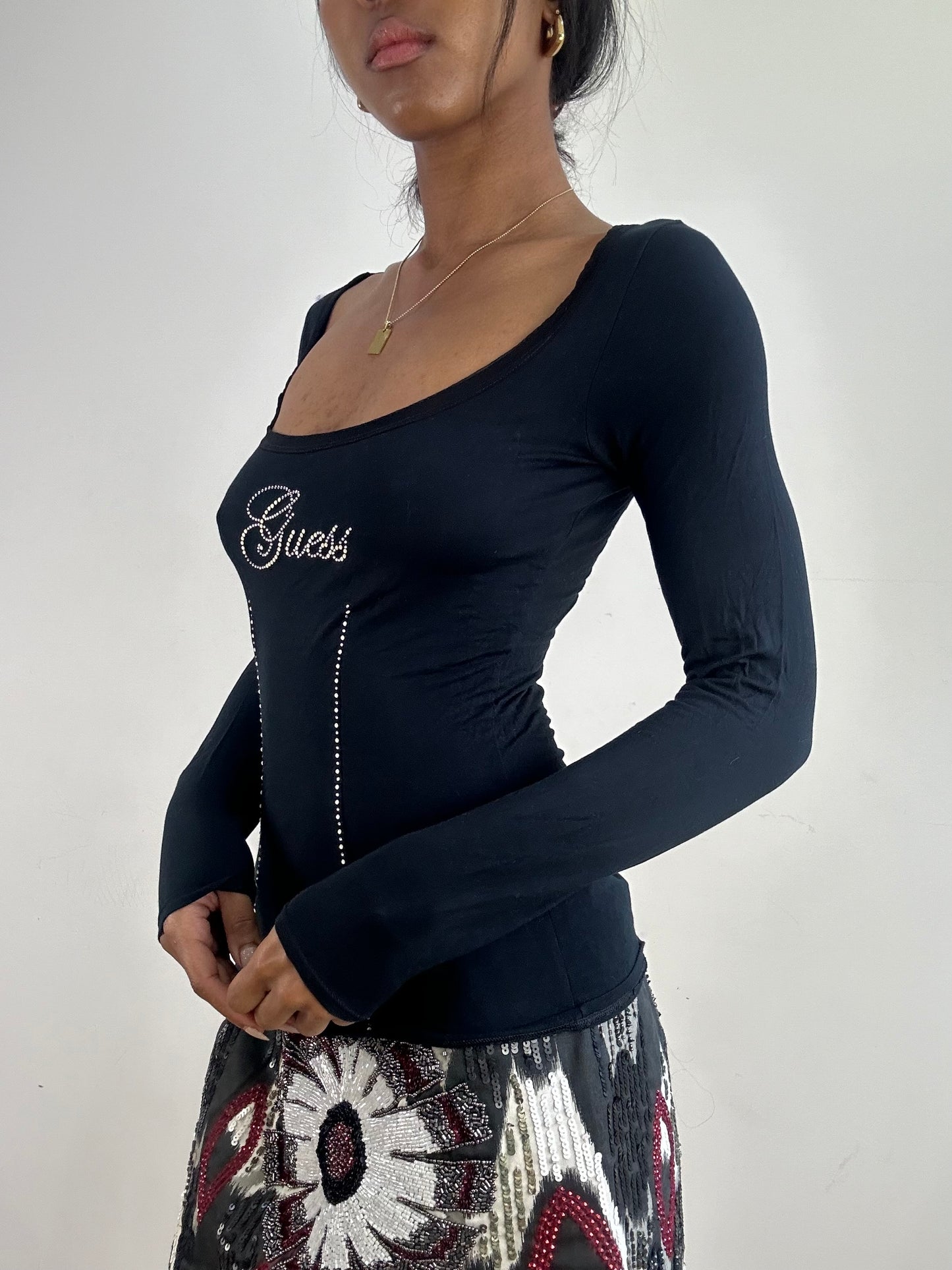 vintage edit twenty-one | small black guess long sleeve top with diamanté spellout