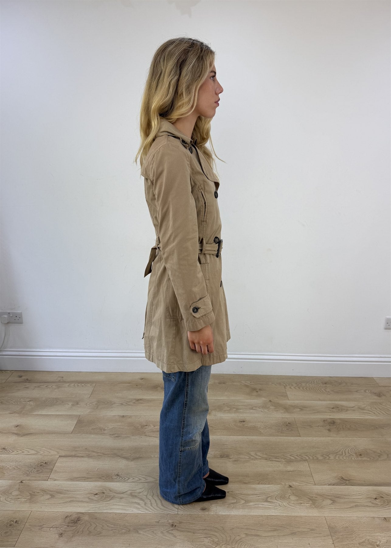small tan old label zara belted trench coat