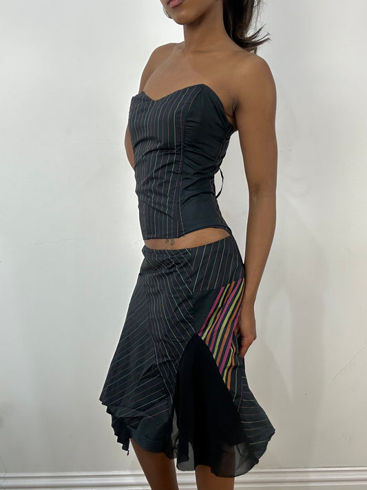 BEST PICKS | small black corset top with matching skirt in pinstripe