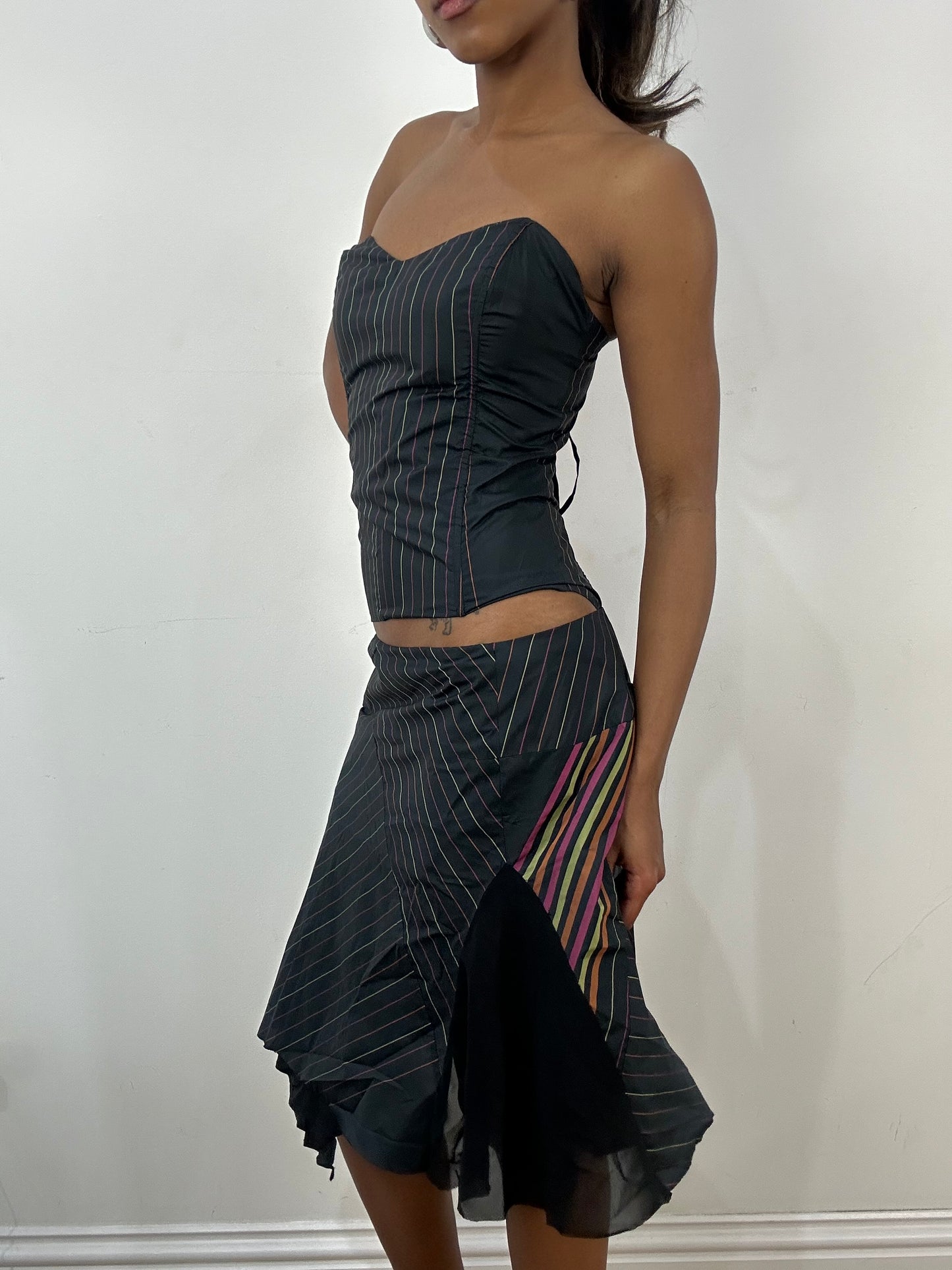 BEST PICKS | small black corset top with matching skirt in pinstripe