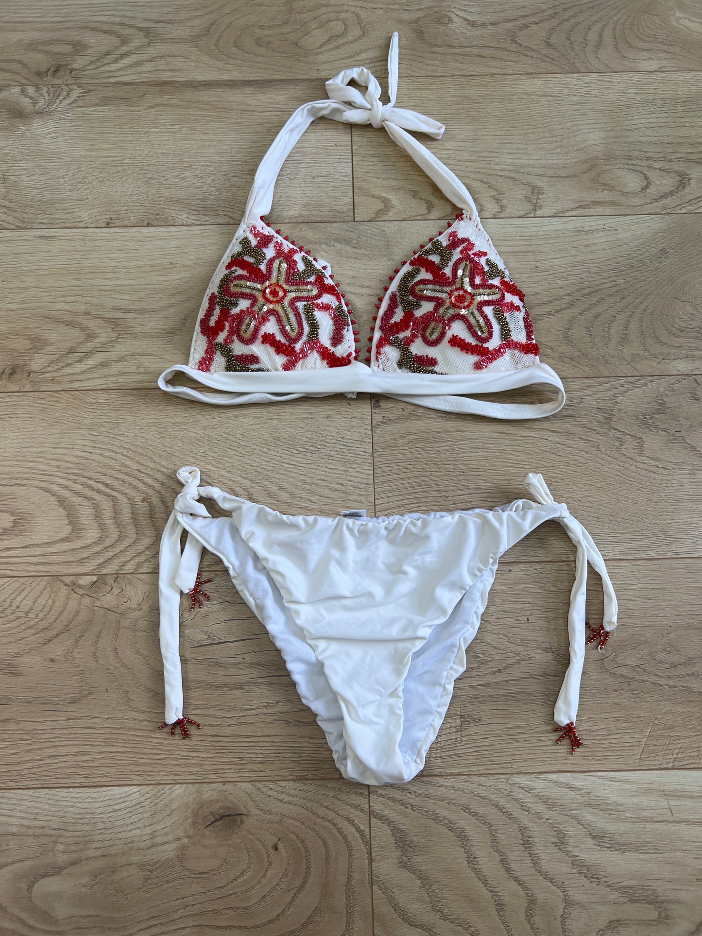 vintage edit seventeen | large white and red beaded bikini set