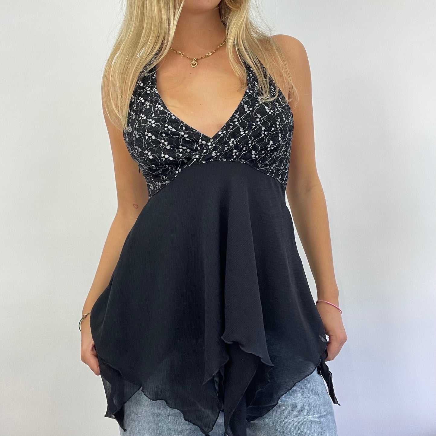GRUNGE COQUETTE DROP | small black halterneck asymmetric top