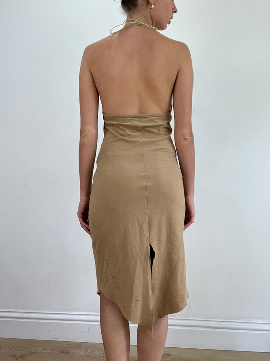💚 miley cyrus edit | medium beige pimkie suede style halterneck dress