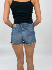 COCONUT GIRL DROP | small distressed dark blue denim shorts