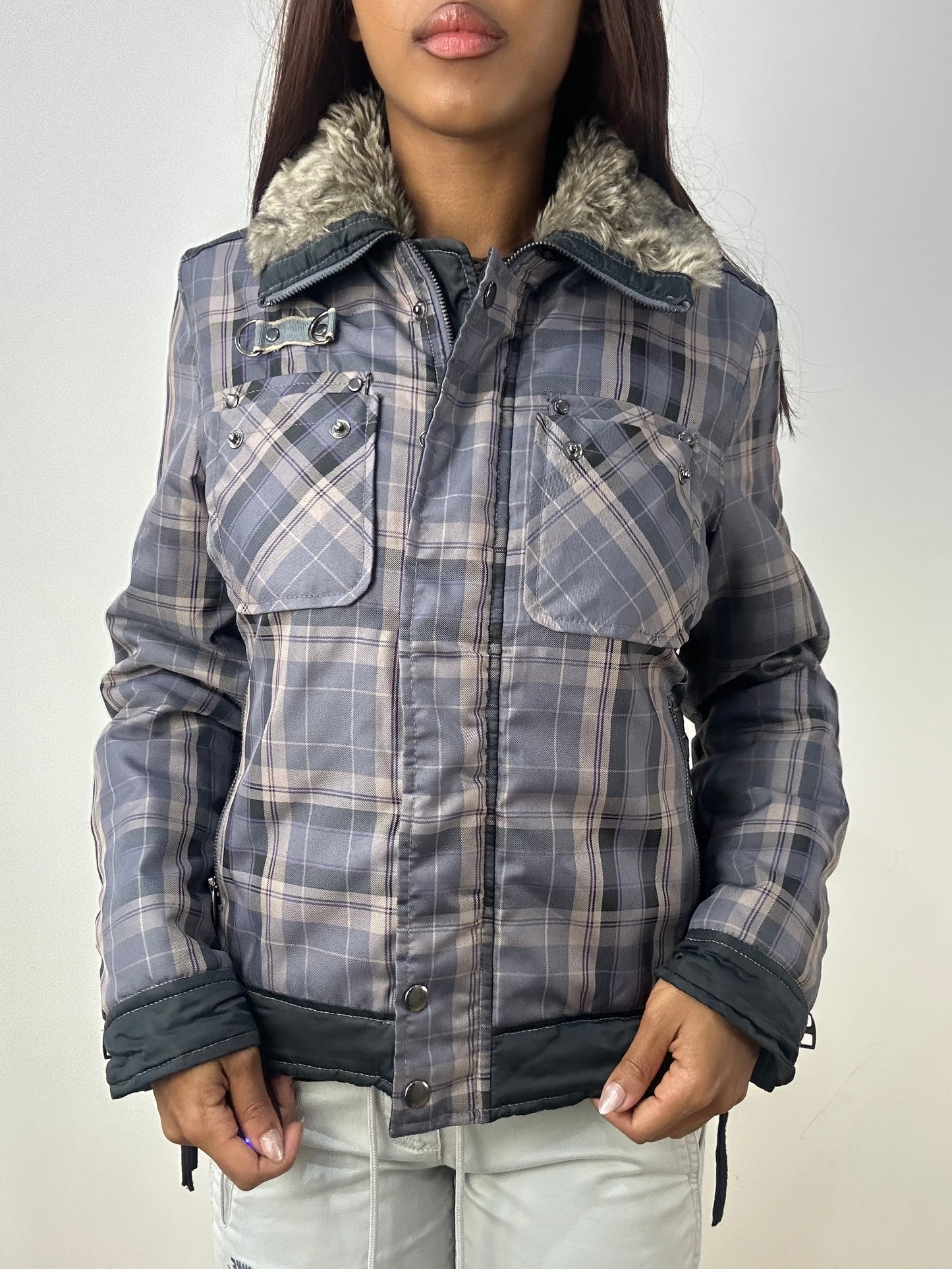 vintage edit thirty-three | small grey jacket with plaid print and faux fur collar