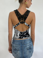💻COACHELLA DROP | small black and white cowl neck top with crochet straps