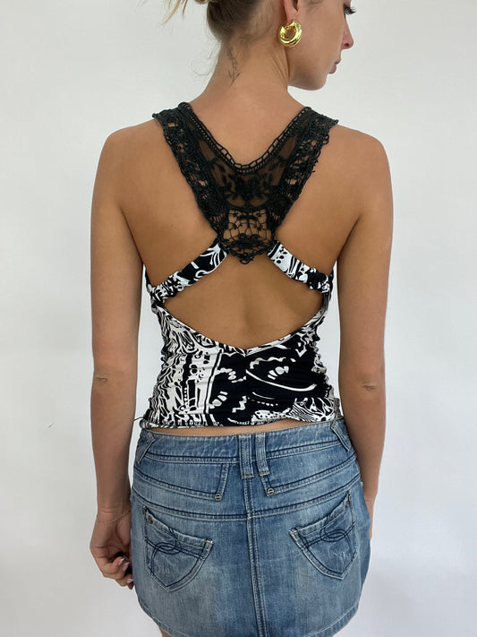 💻COACHELLA DROP | small black and white cowl neck top with crochet straps