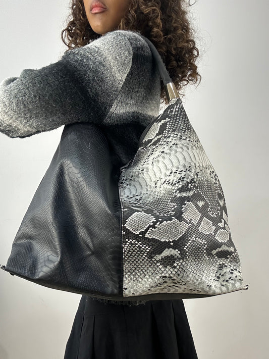 vintage edit thirty-four | black faux leather shoulder bag with snake print
