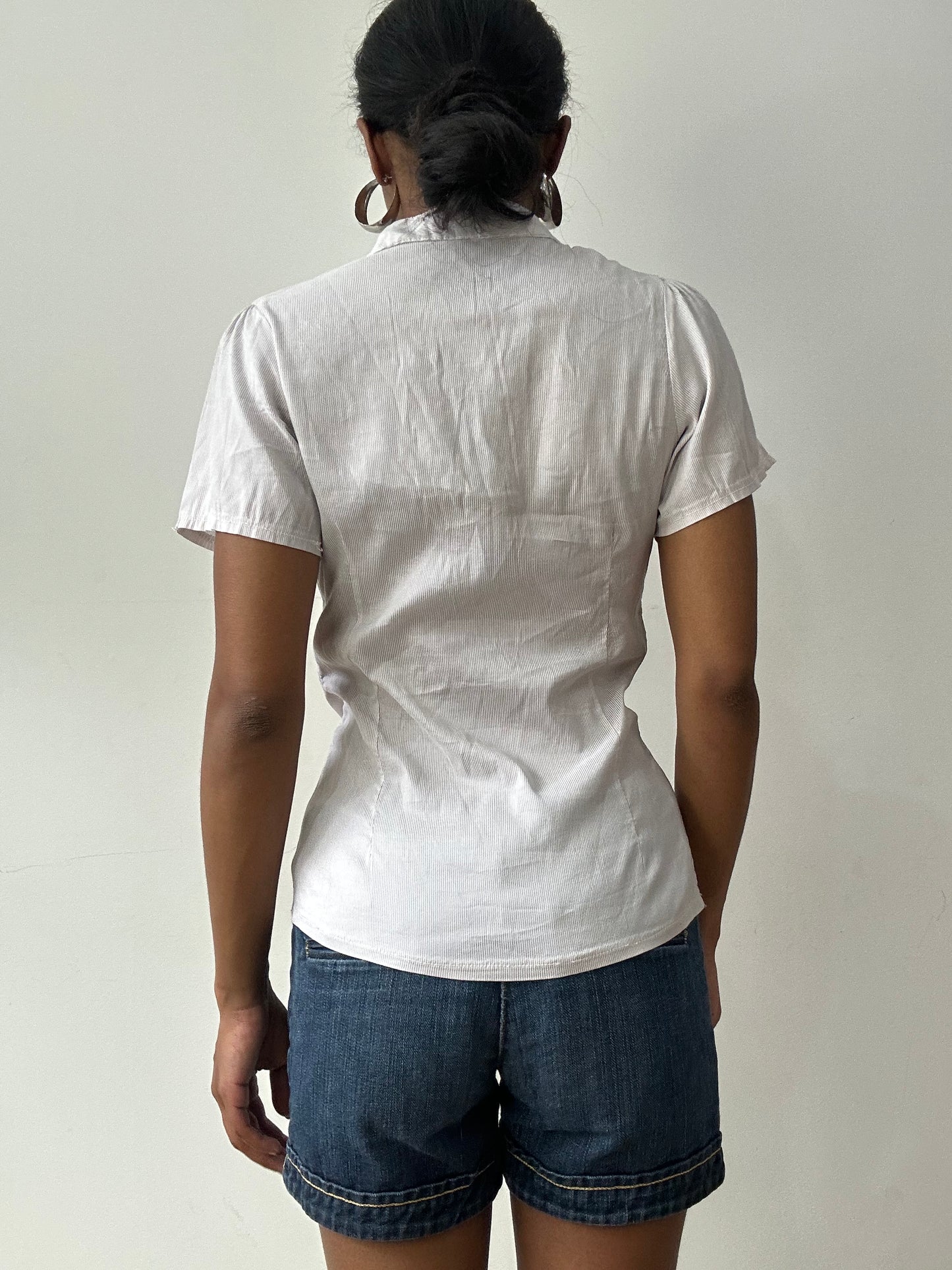 midsummer edit | small white short sleeve pinstripe blouse