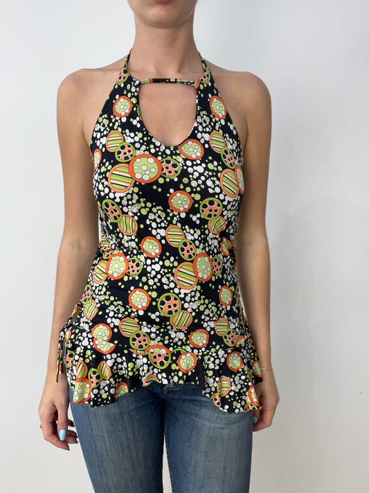 vintage edit thirty | small black and orange halterneck top