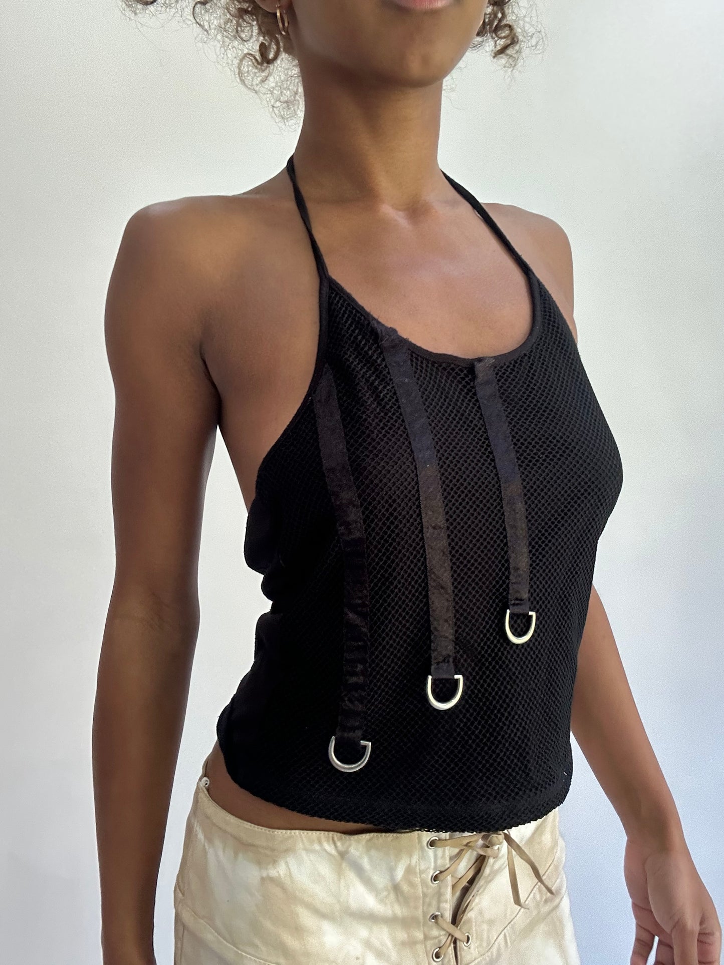 olivia rodrigo drop | small black halterneck fishnet style top