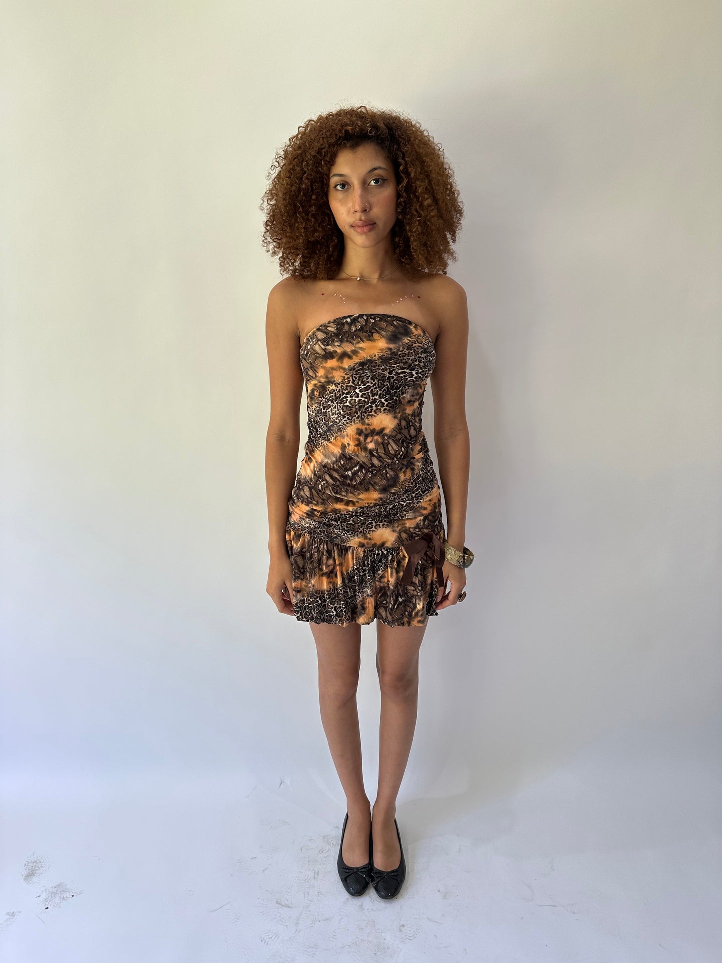festival drop | small brown leopard print bandeau ruched mini dress