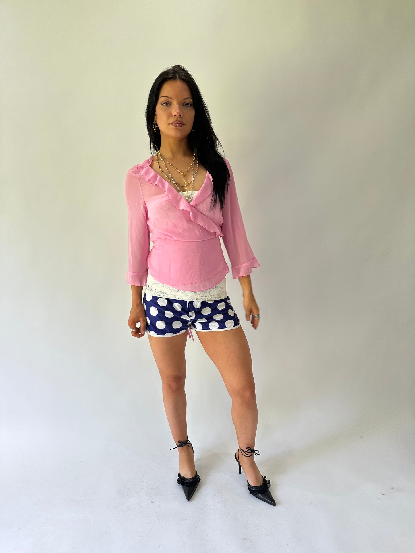 sailor drop | small pink sheer ruffle wrap around top