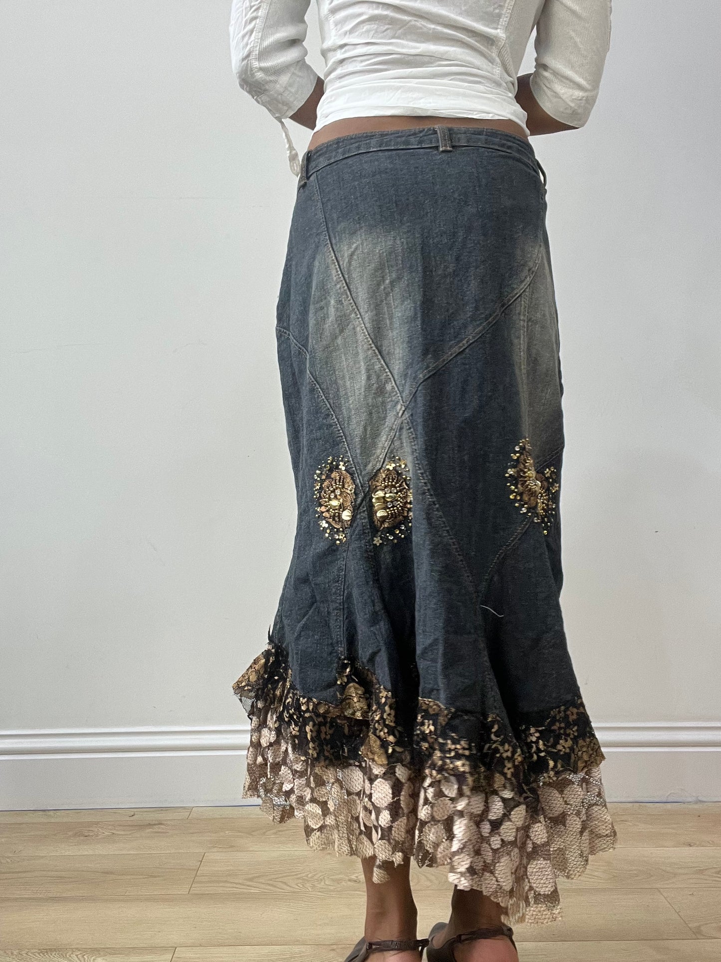 vintage edit thirty-two | medium blue denim maxi skirt with embellishments