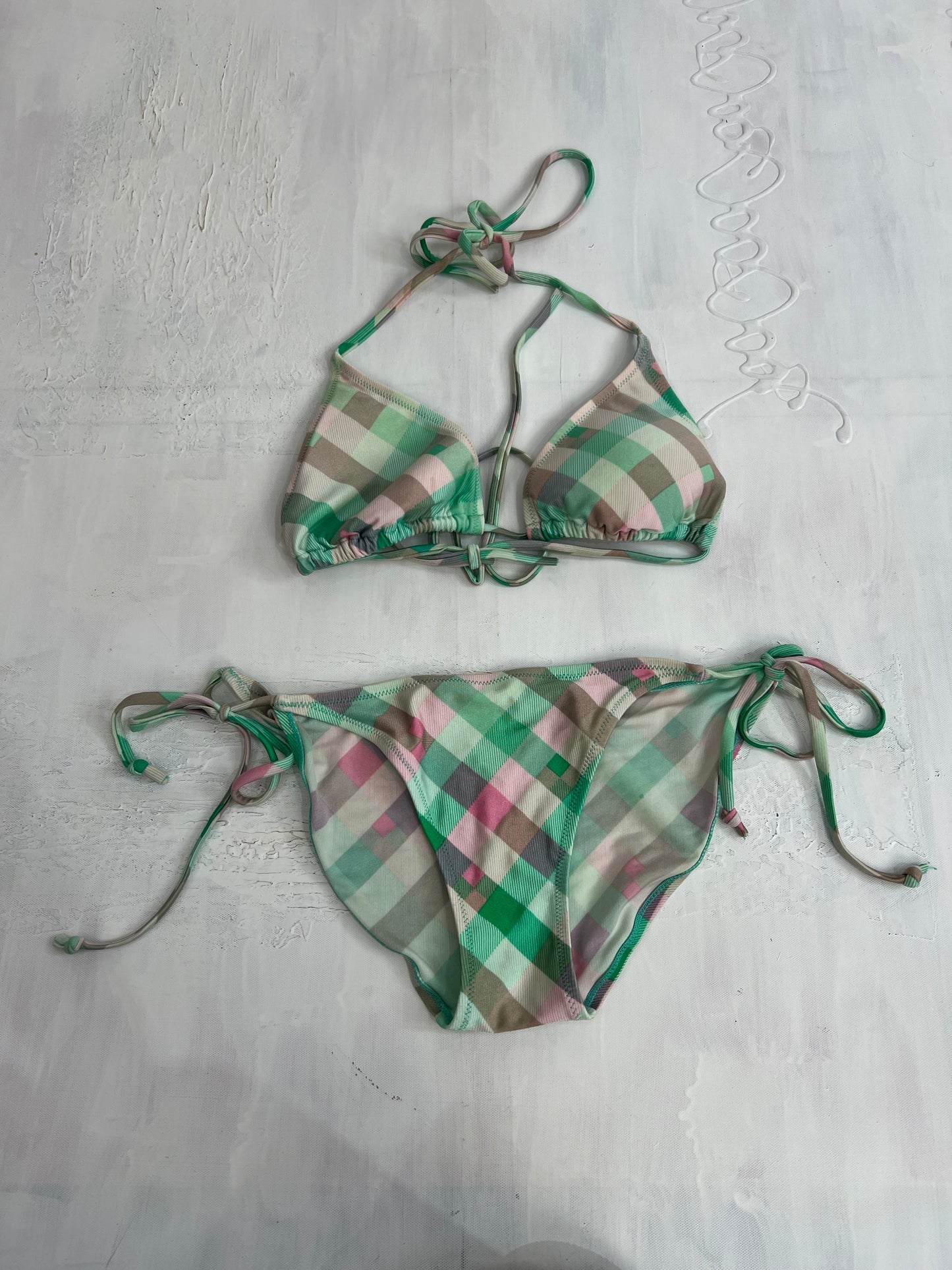vintage edit thirty | small green and pink bikini set with plaid print