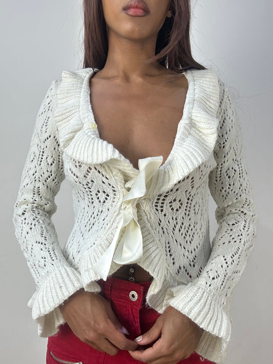 vintage edit thirty-three | small white knit cardigan top with tie up ribbon