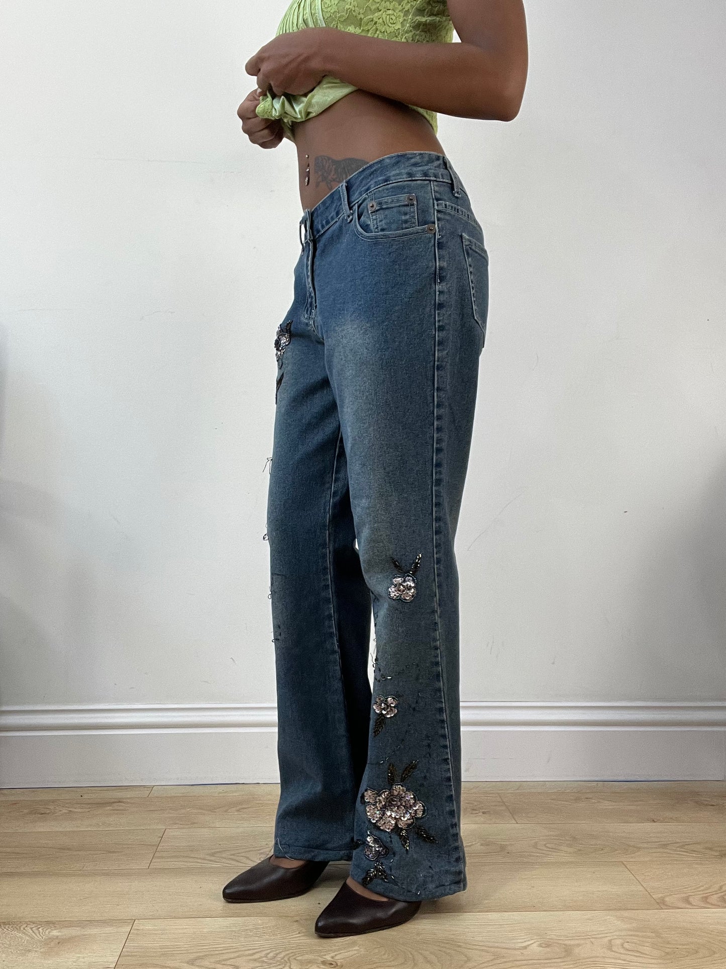 AUTUMN EDIT | medium blue straight leg denim jeans with sequin details