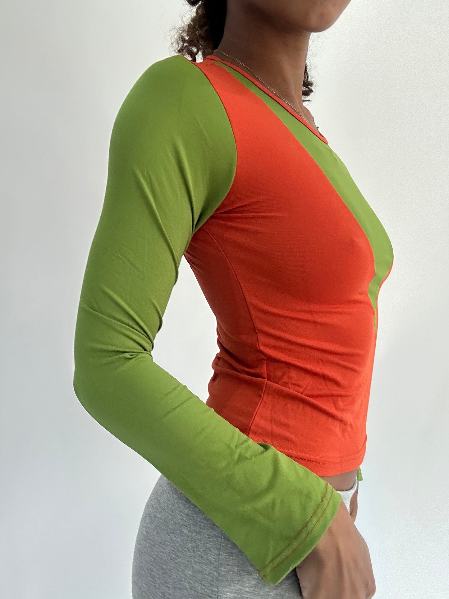 ‼️ | small green long sleeve top with orange vest overlay detail