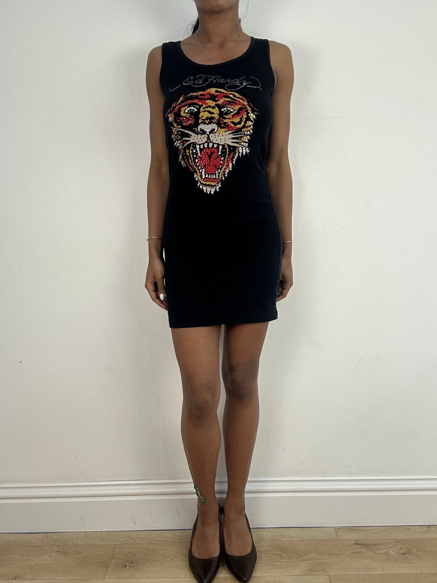 vintage edit eighteen | small black ed hardy diamanté tiger print dress
