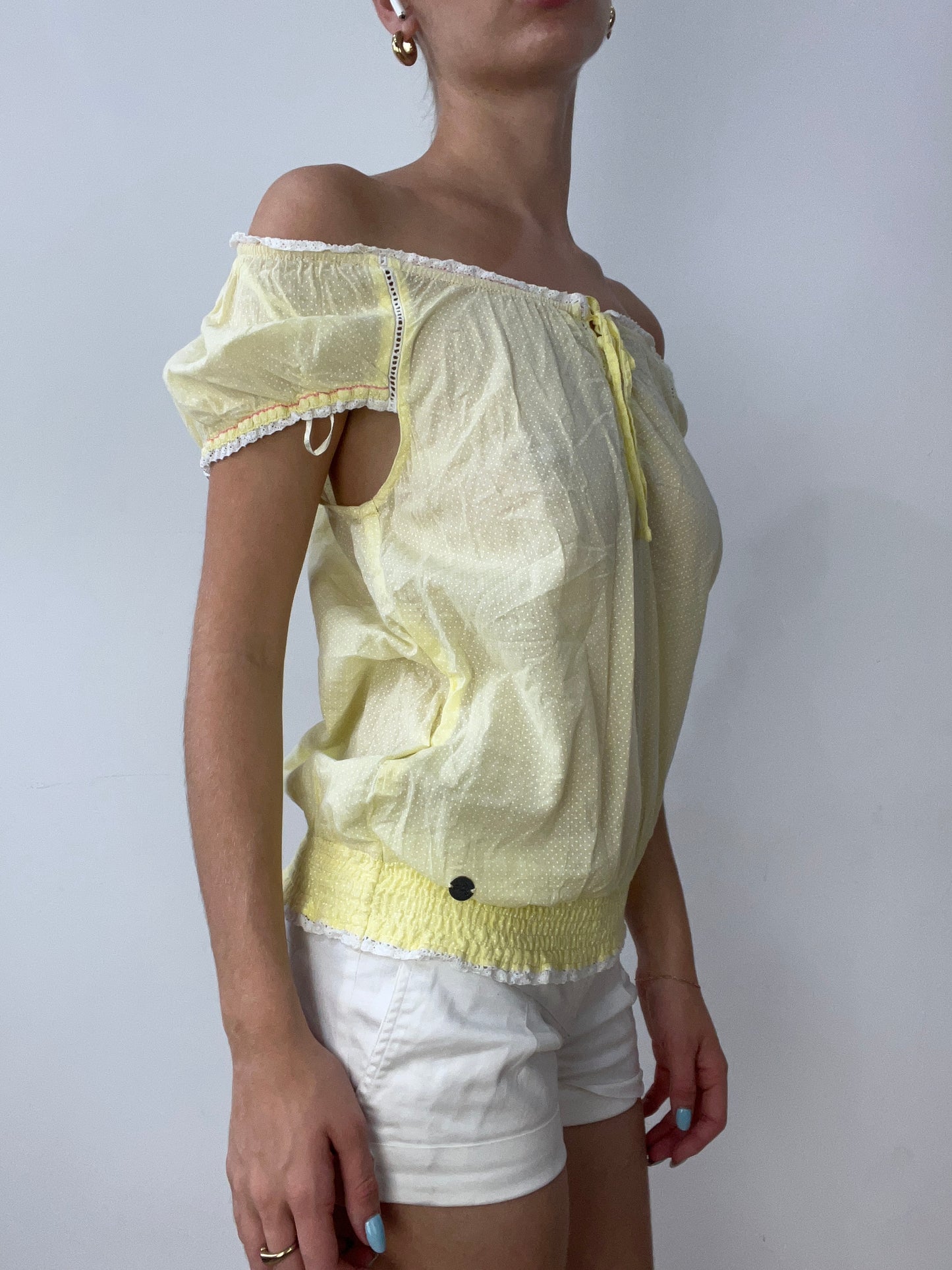 vintage edit thirty | small yellow linen off the shoulder milkmaid style top