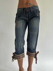 euro trash | medium blue denim capris with tie cuffs