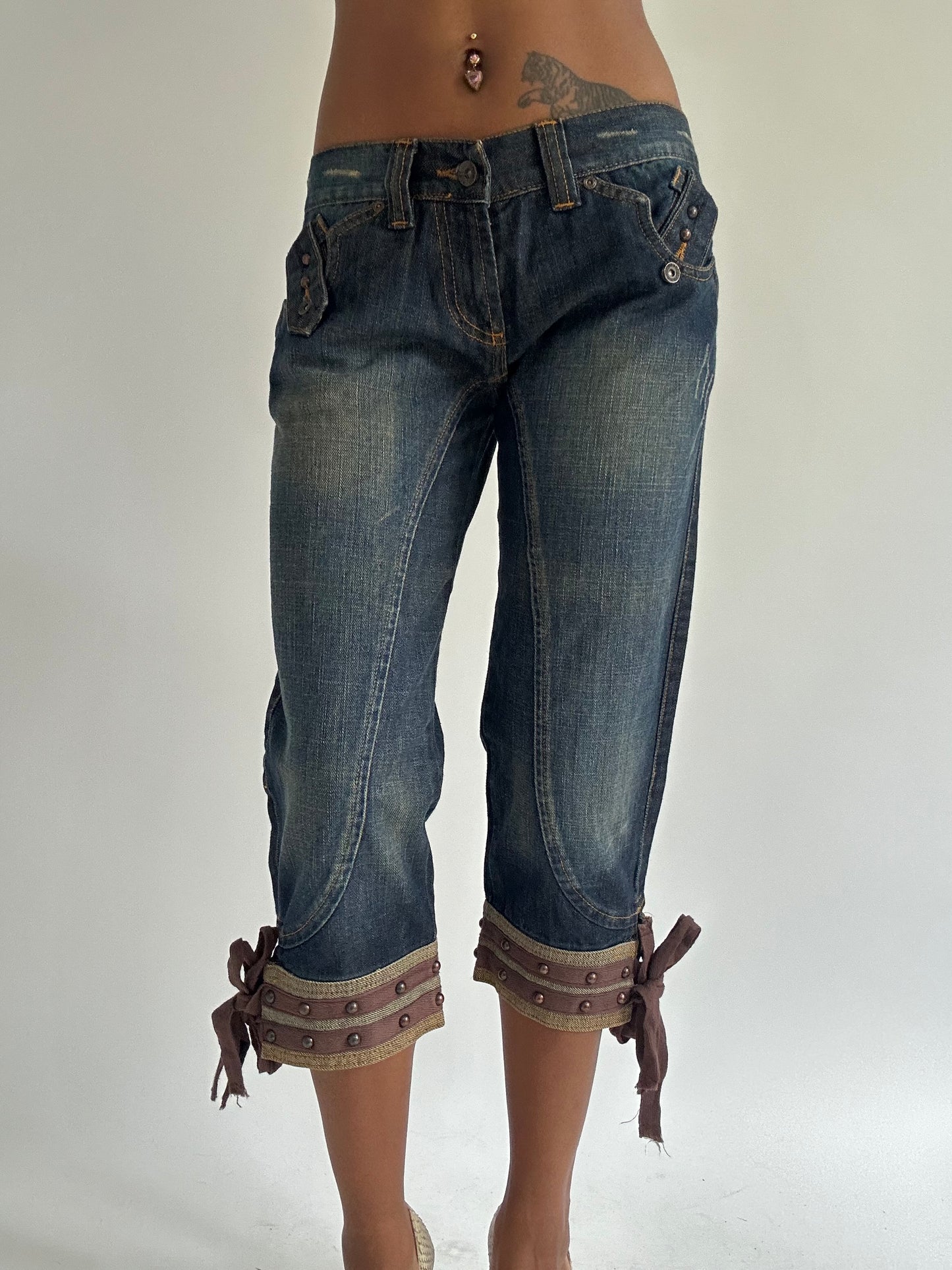 euro trash | medium blue denim capris with tie cuffs