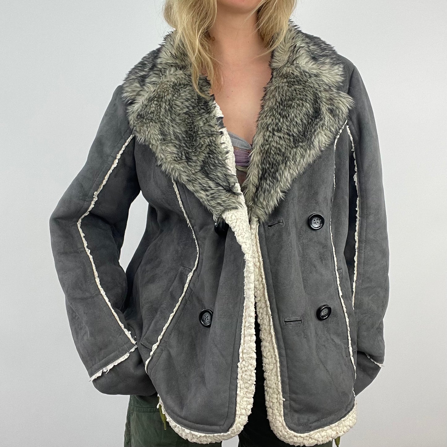 HIPPY CHIC DROP | large grey suede jacket with faux fur lining