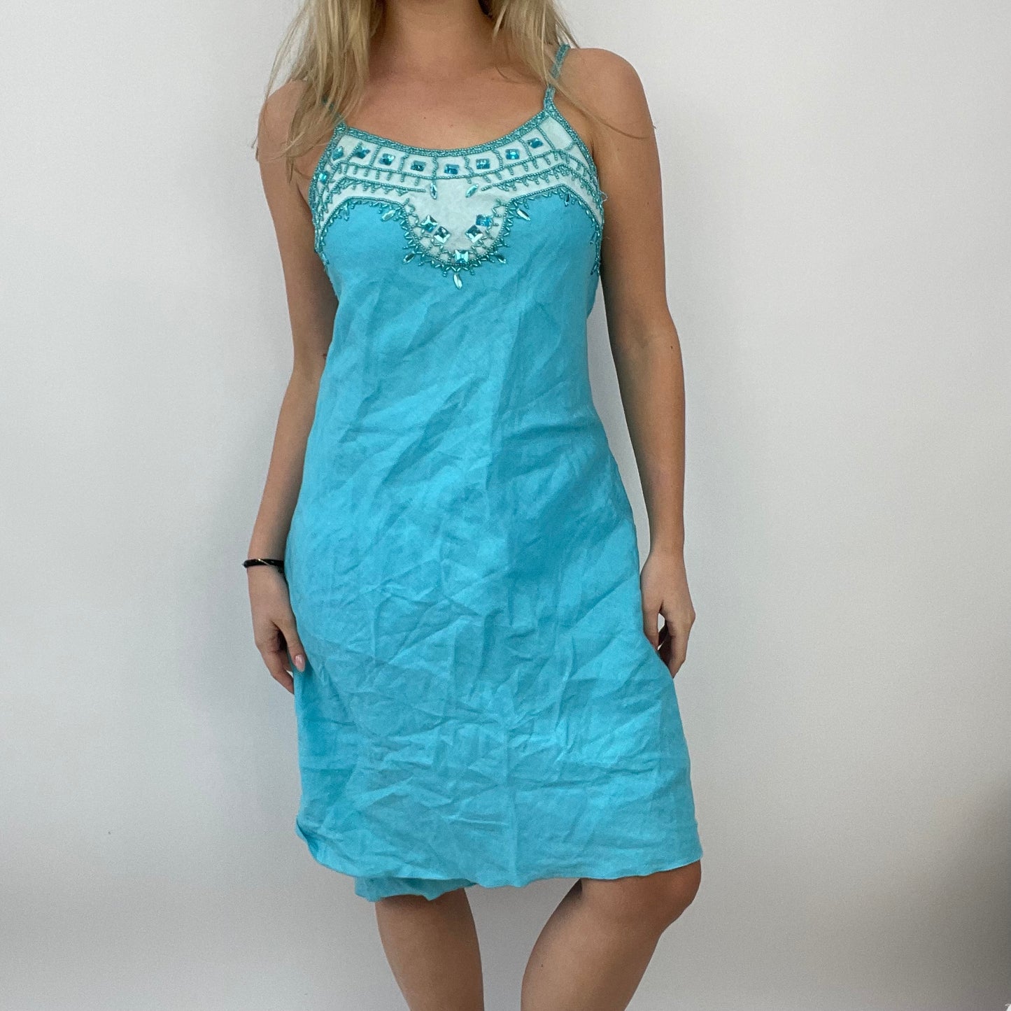 ETHEREAL GIRL DROP | medium blue linen dress with beaded detail