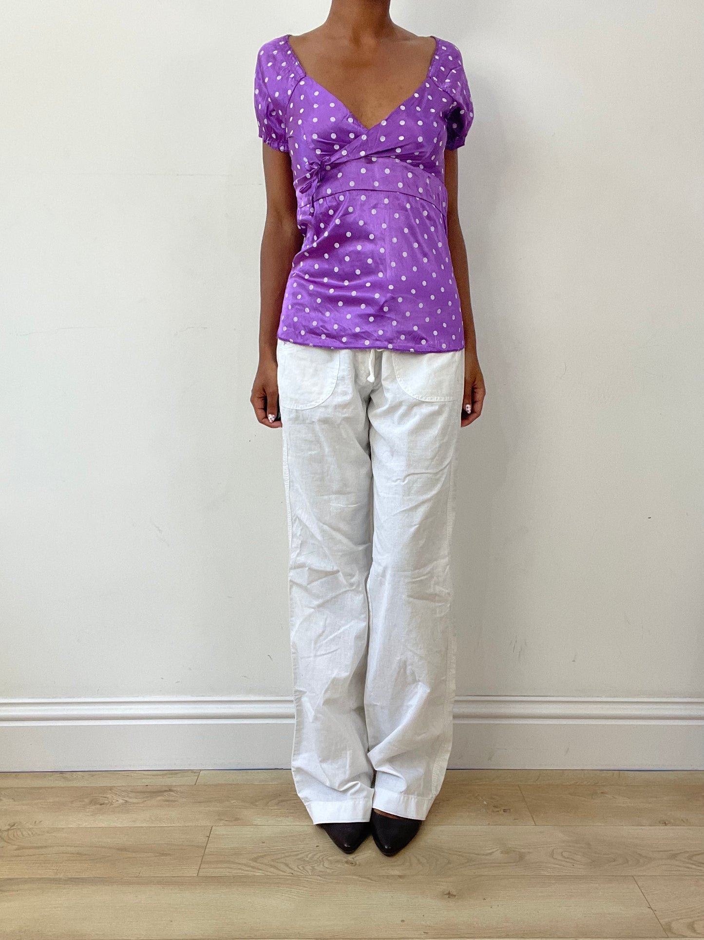 vintage edit twenty-seven | medium purple and white polka dot top