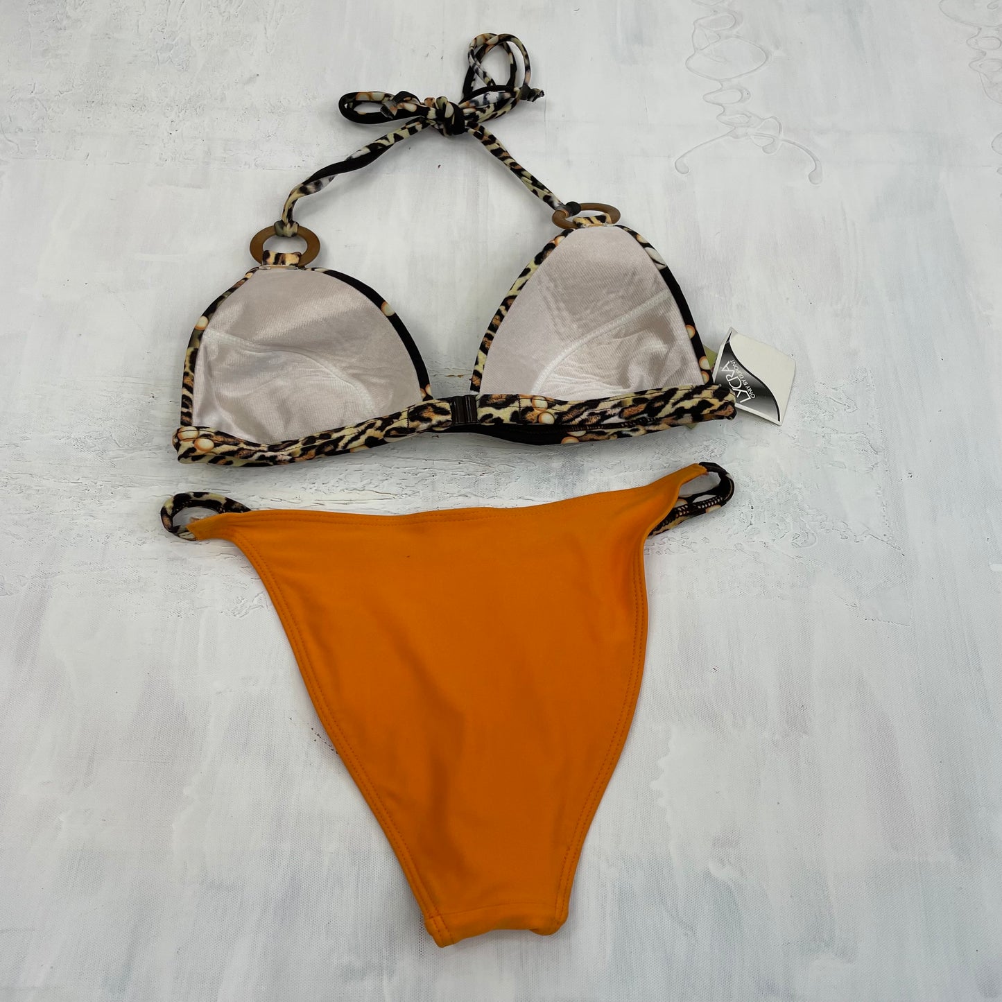 💻PARIS HILTON DROP | small brown patterned animal print bikini with orange bottoms