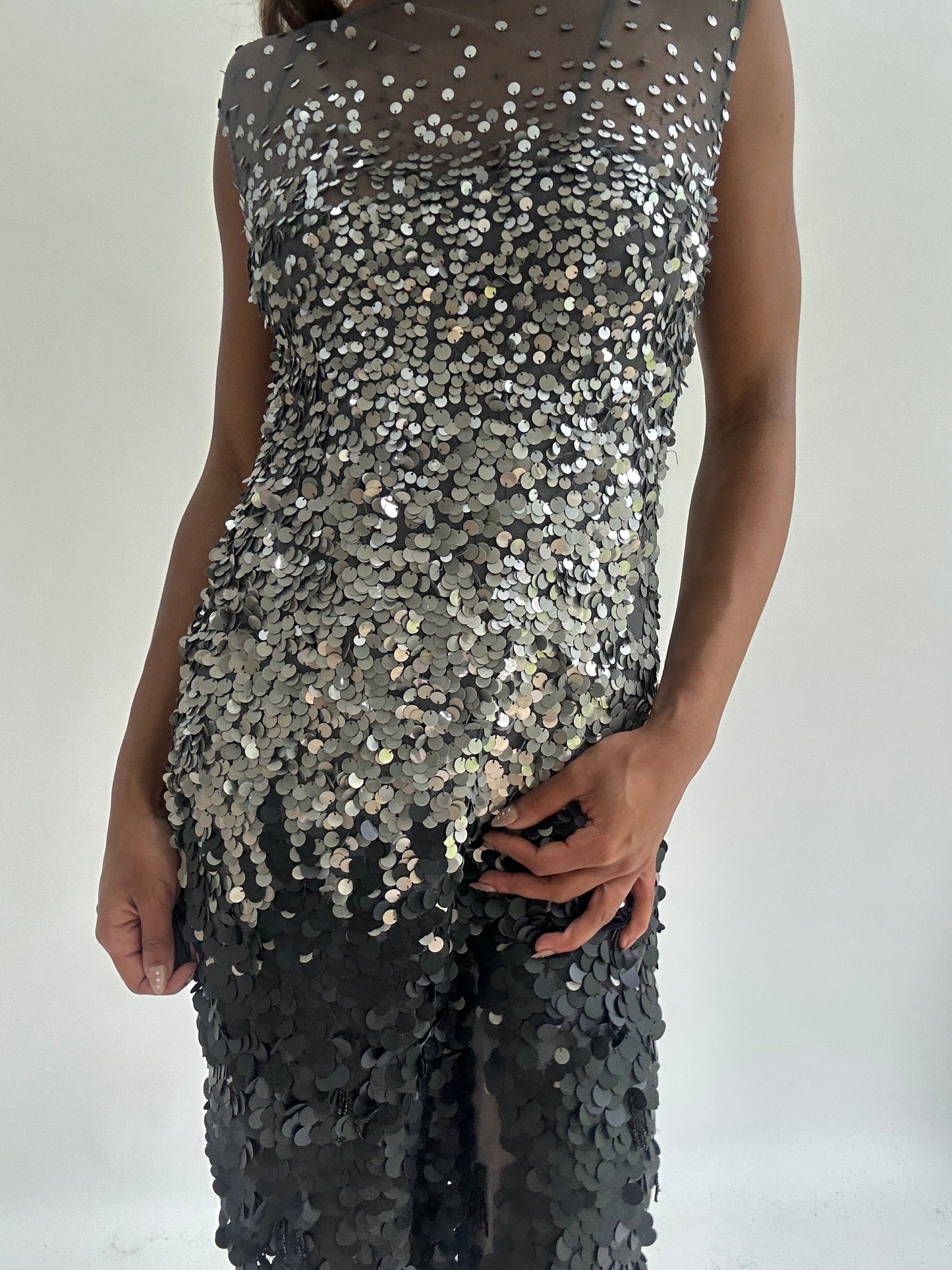wedding guest drop | small grey sequin midi dress