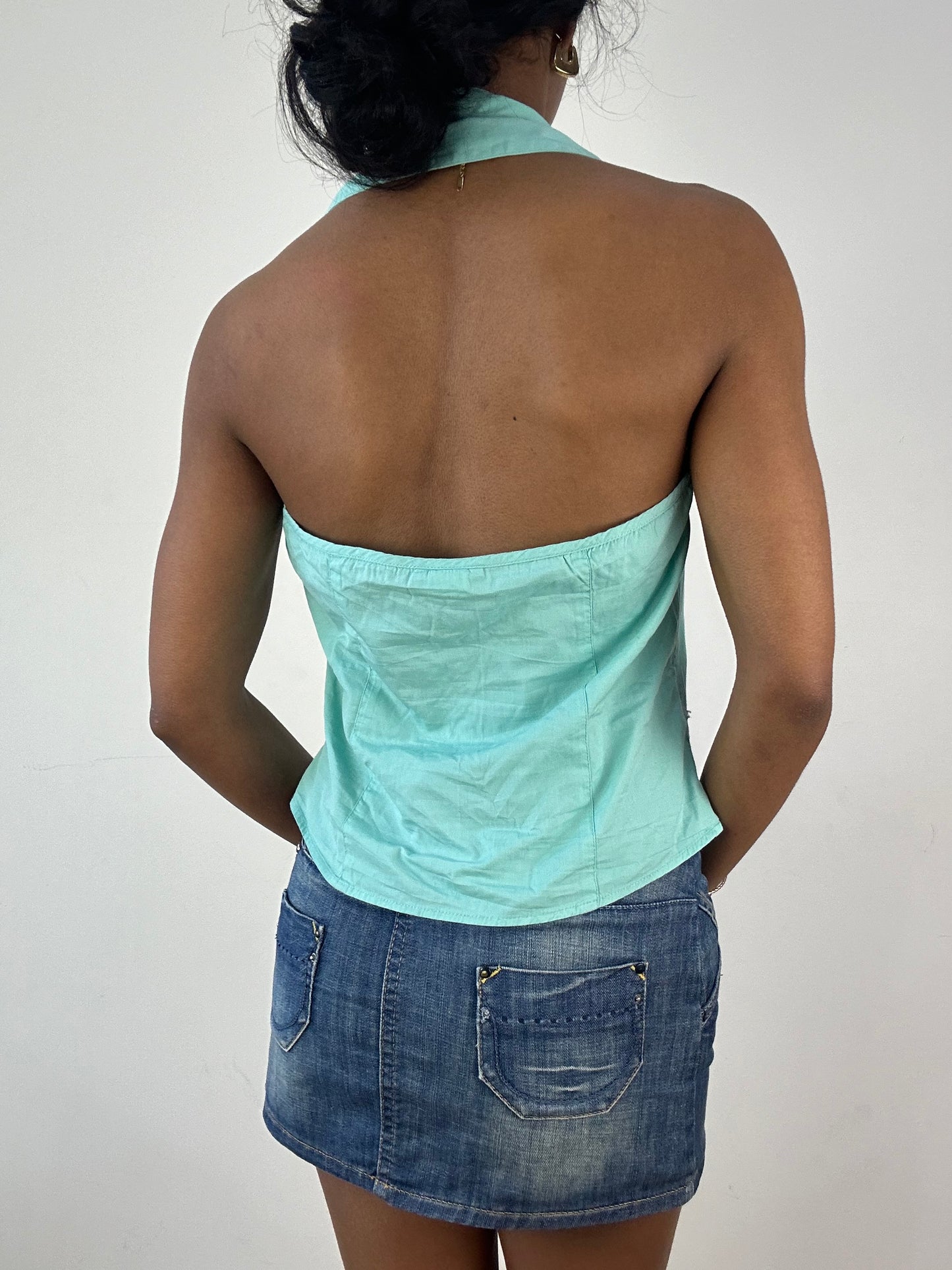 vintage edit: tops | medium teal blue halterneck top
