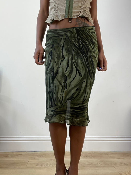 AUTUMN EDIT | small green midi skirt with graphic mesh overlay