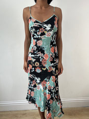 vintage edit: festival | medium blue and black floral midi dress with asymmetric hem