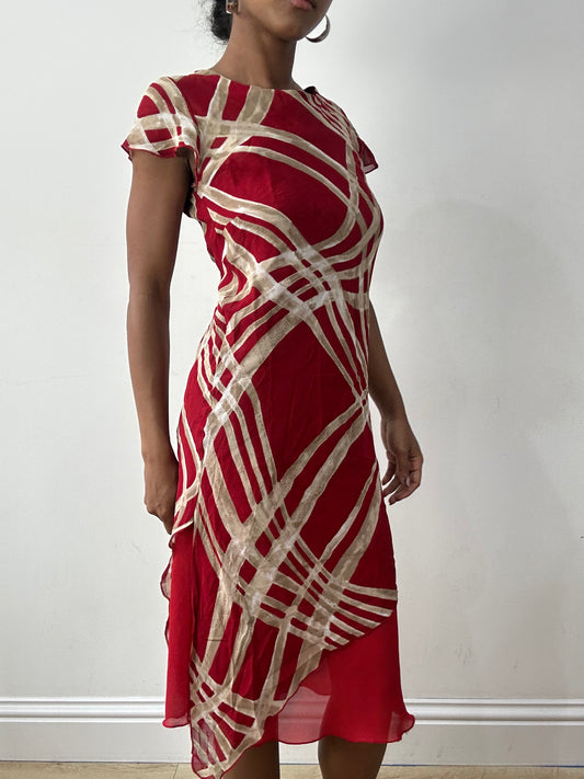 midsummer edit | small red midi dress with cream abstract print