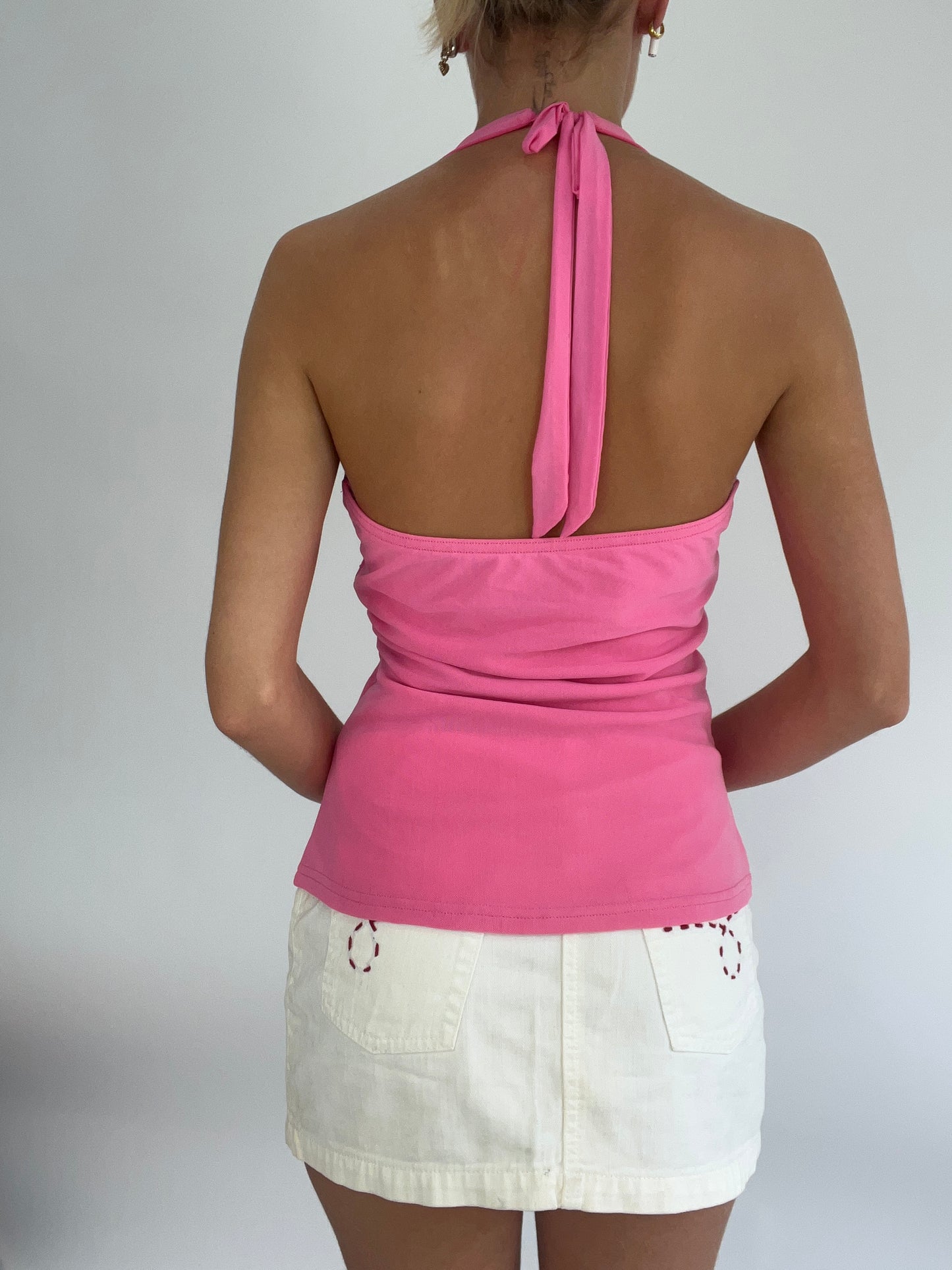 BRITISH SUMMER GIRL DROP | medium pink halterneck top with sequin beads