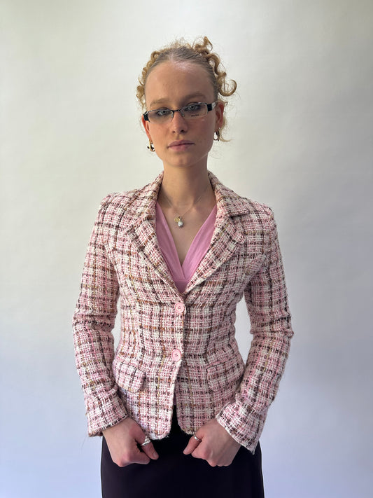devil wears prada | small pink and white blazer with plaid print