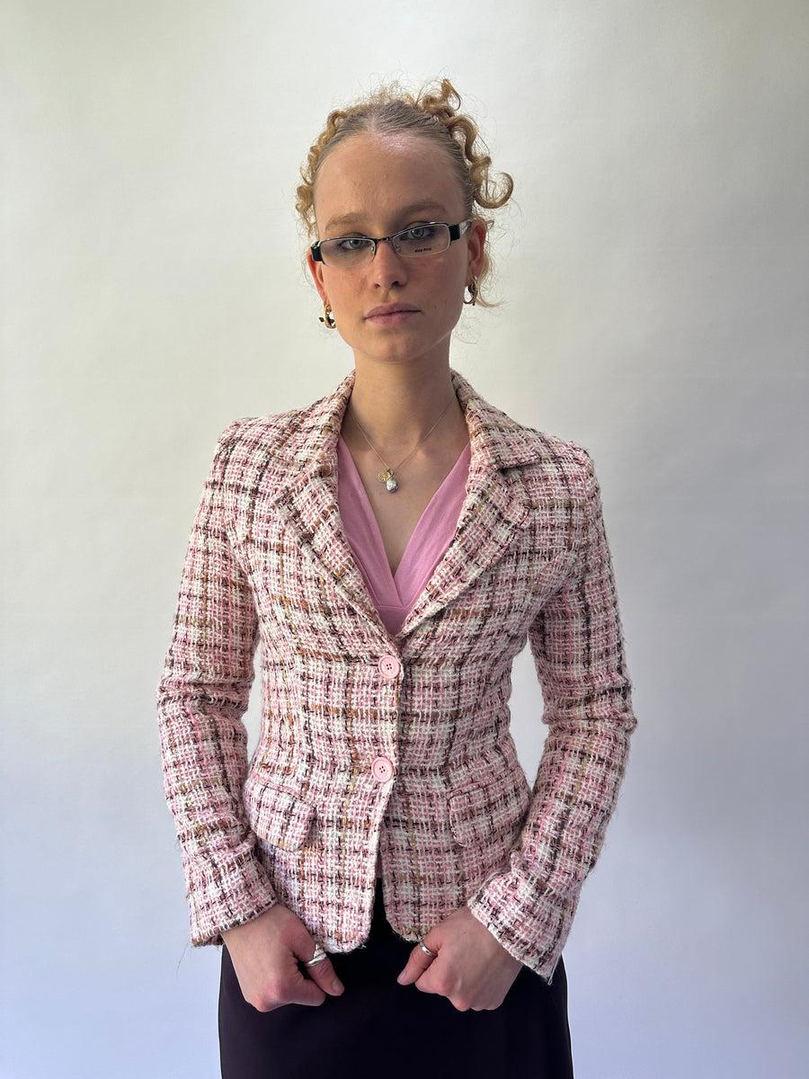 devil wears prada | small pink and white blazer with plaid print