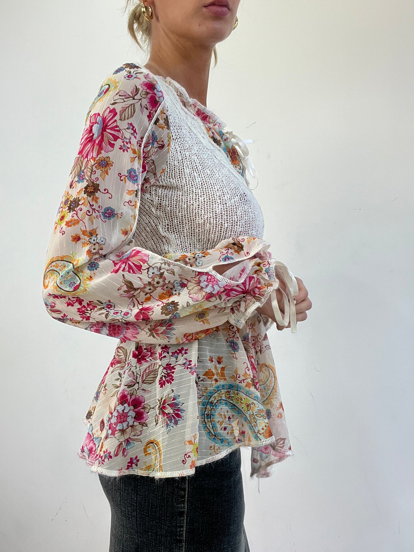vintage edit eleven | small boho style white and pink floral knitted top