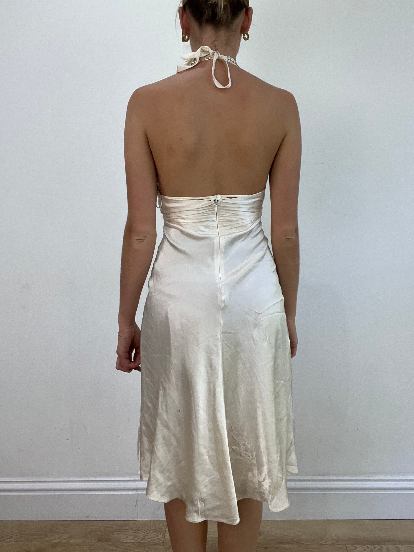 vintage edit: wedding guest | small white halter neck midi dress with diamante detail