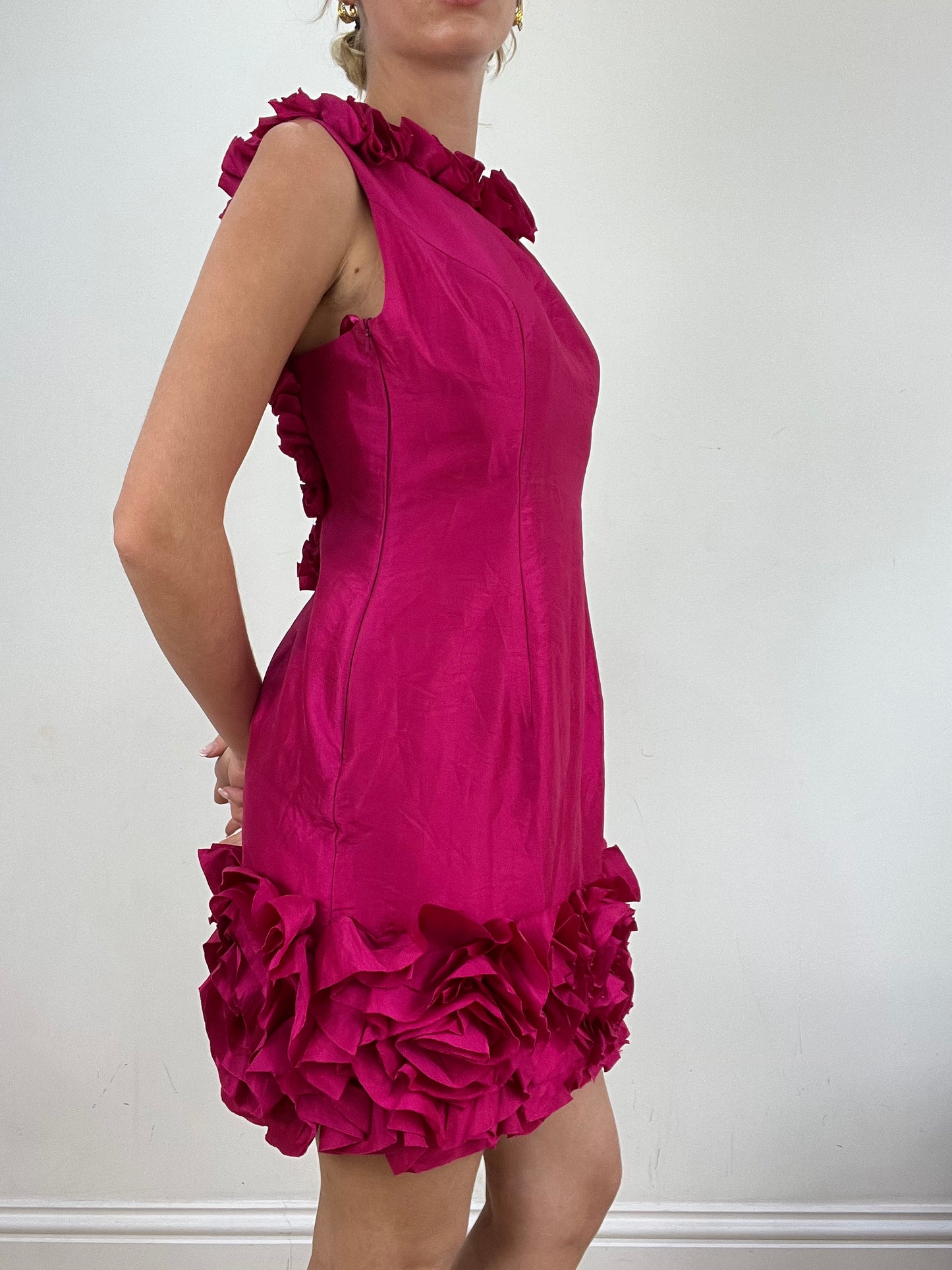 vintage edit: wedding guest | medium pink backless ruffle dress