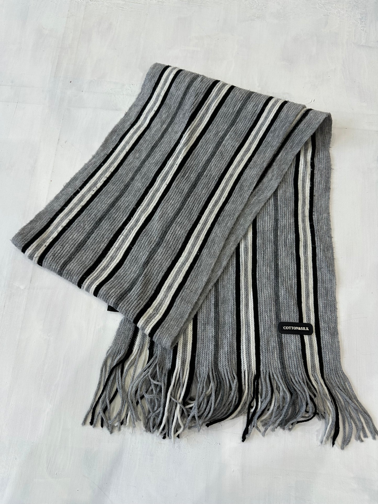 winter edit | grey and white striped cotton tassel scarf