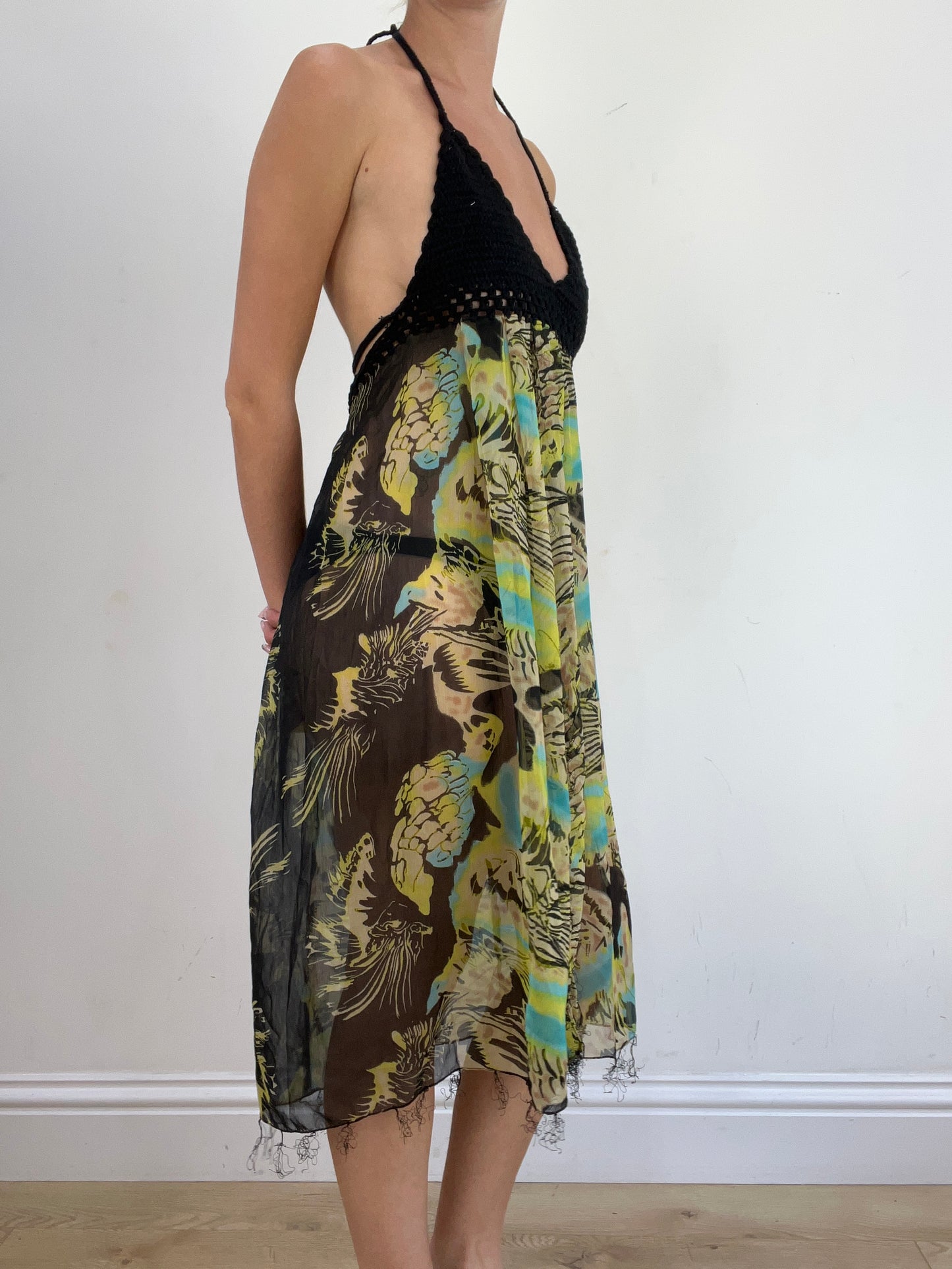 summer edit | small green and brown halter neck dress with abstract print