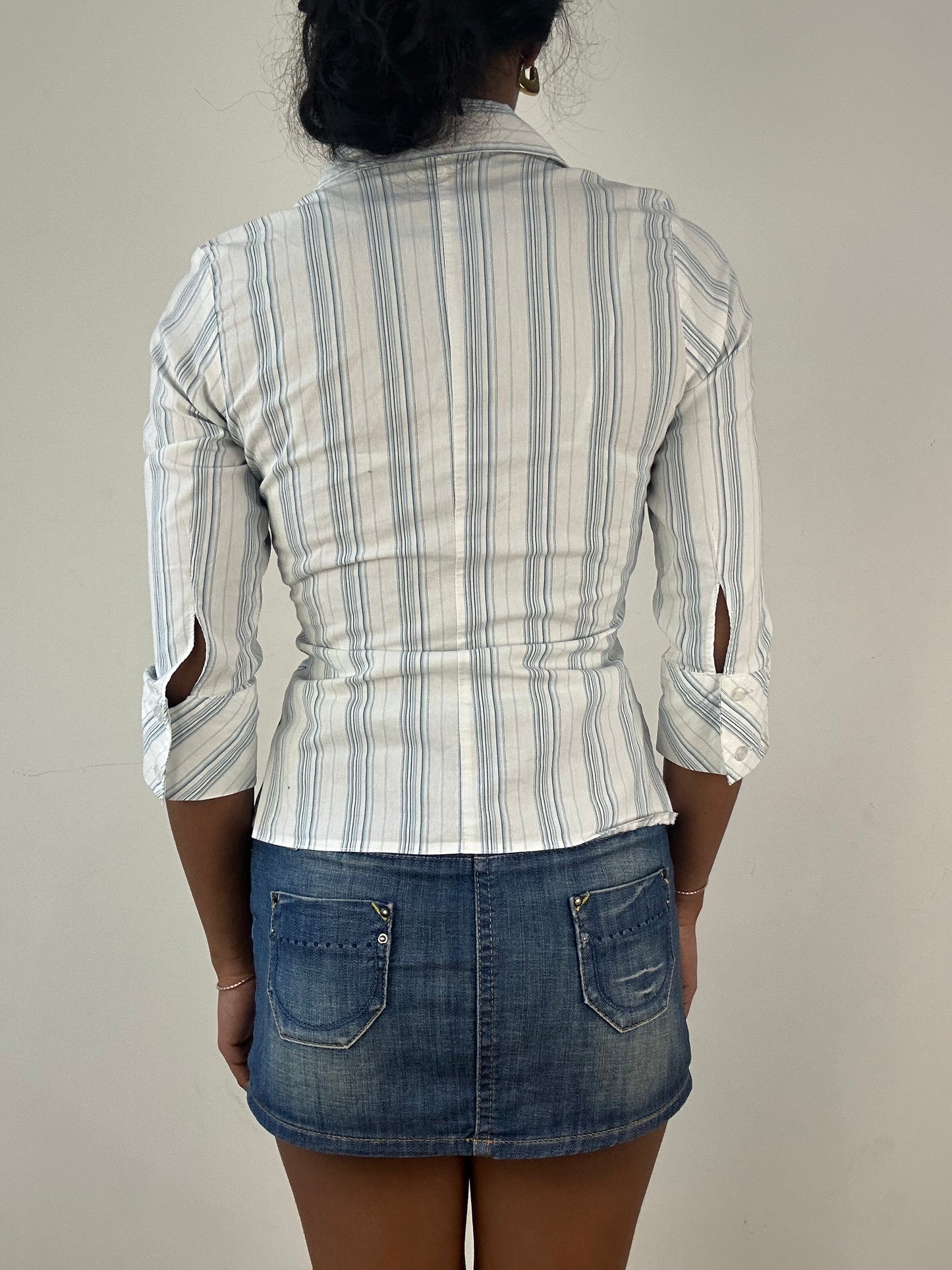 vintage edit: tops | small white and blue striped shirt with 3/4 length sleeves