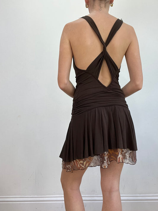 vintage edit twenty | medium brown cow neck ruffle dress