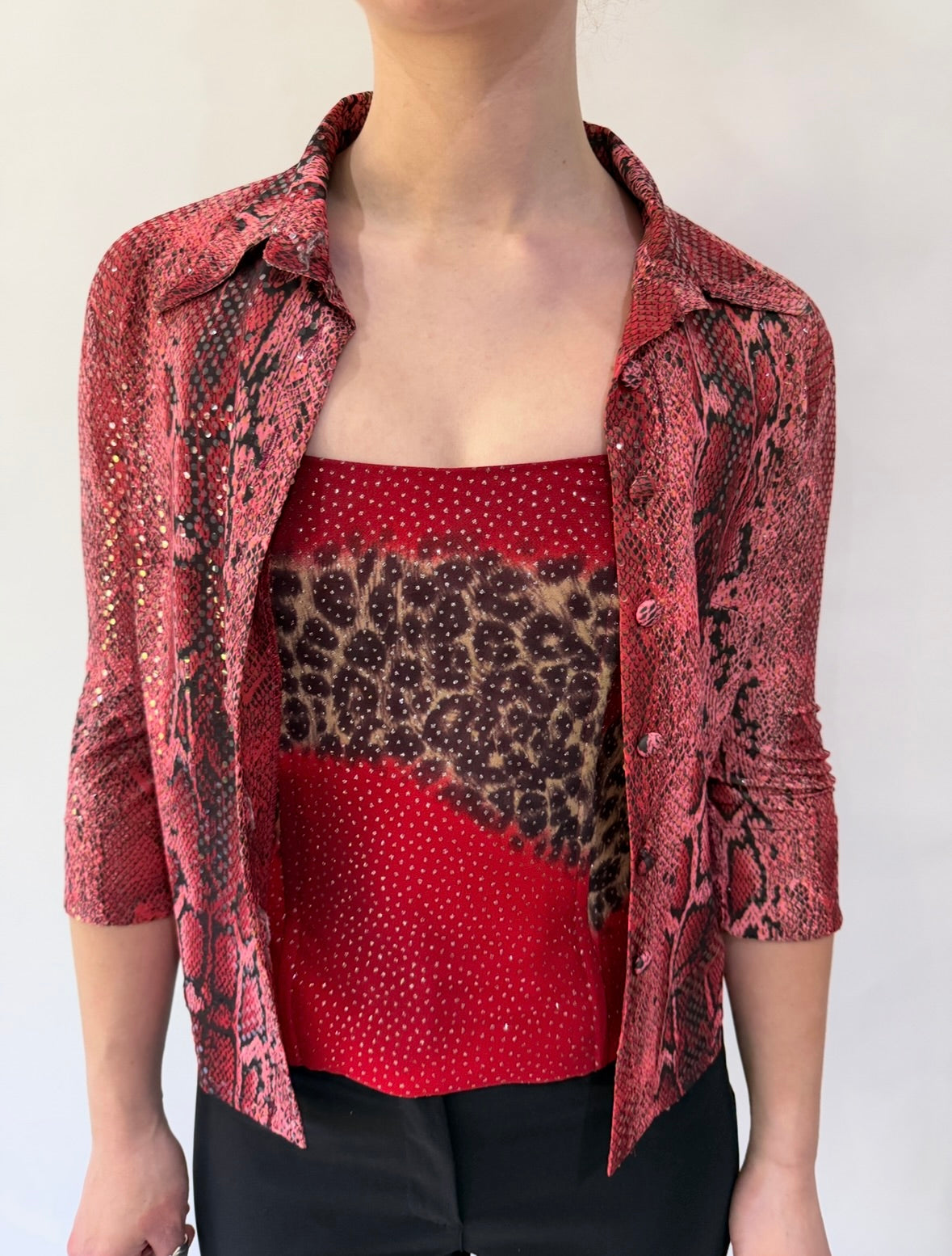 devil wears prada | small pink leopard print sequin shirt