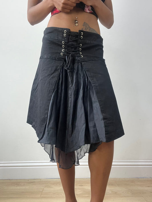 vintage edit thirty-two | medium black asymmetric midi skirt with lace up front