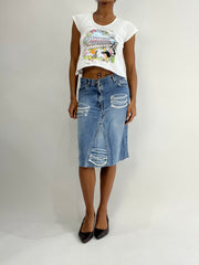BEST PICKS | small blue denim distressed midi skirt