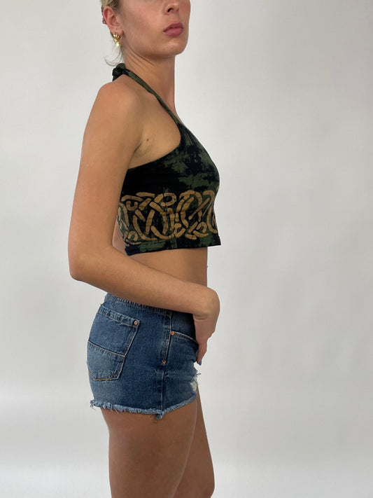 COCONUT GIRL DROP | small green halterneck crop top with beige print