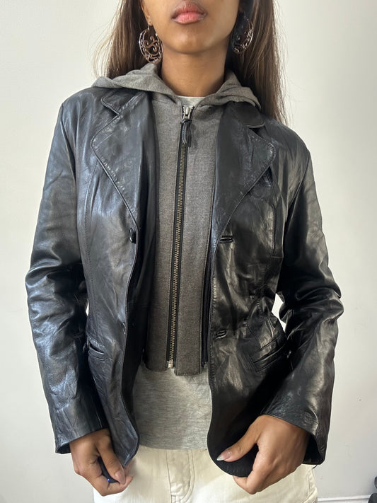 2016 edit | small black leather blazer jacket with built in hoodie